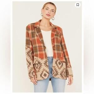 Miss Me Women's Patchwork Plaid Orange Fleece Blazer Jacket